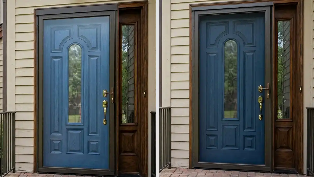 Aluminum storm door with retractable mesh screen deployed for summer ventilation