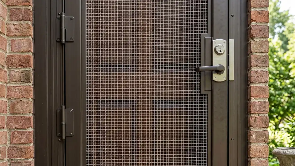 Heavy-gauge extruded aluminum security storm door with stainless steel mesh, deadbolt, and reinforced hinges