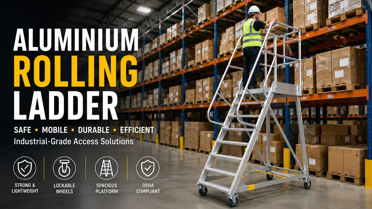 A industrial single-sided aluminum rolling ladder with slip-resistant steps and a secure top platform for warehouse aisle operations.