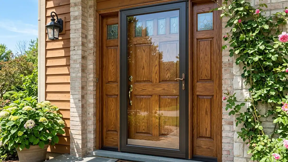 Aluminum storm door with glass panel protecting a wooden main door behind it