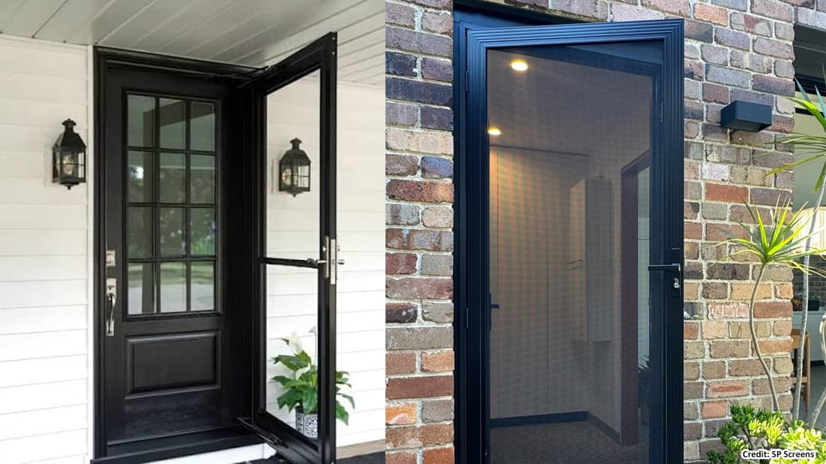 Split comparison of storm door and screen door on modern home exterior
