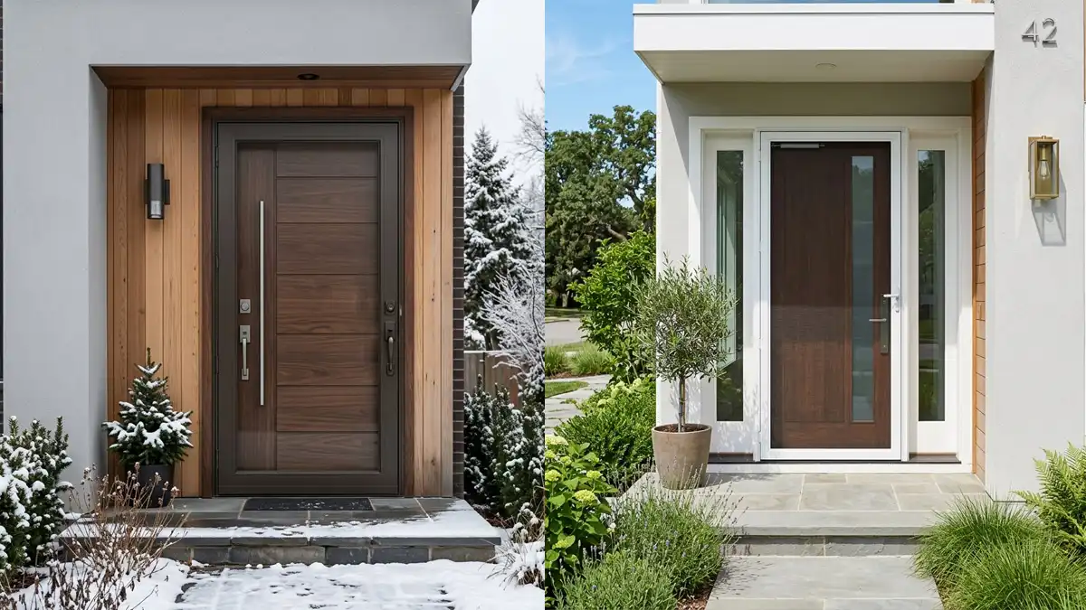 Split comparison of heavy-duty extruded aluminum storm door and lightweight aluminum screen door on modern home exterior