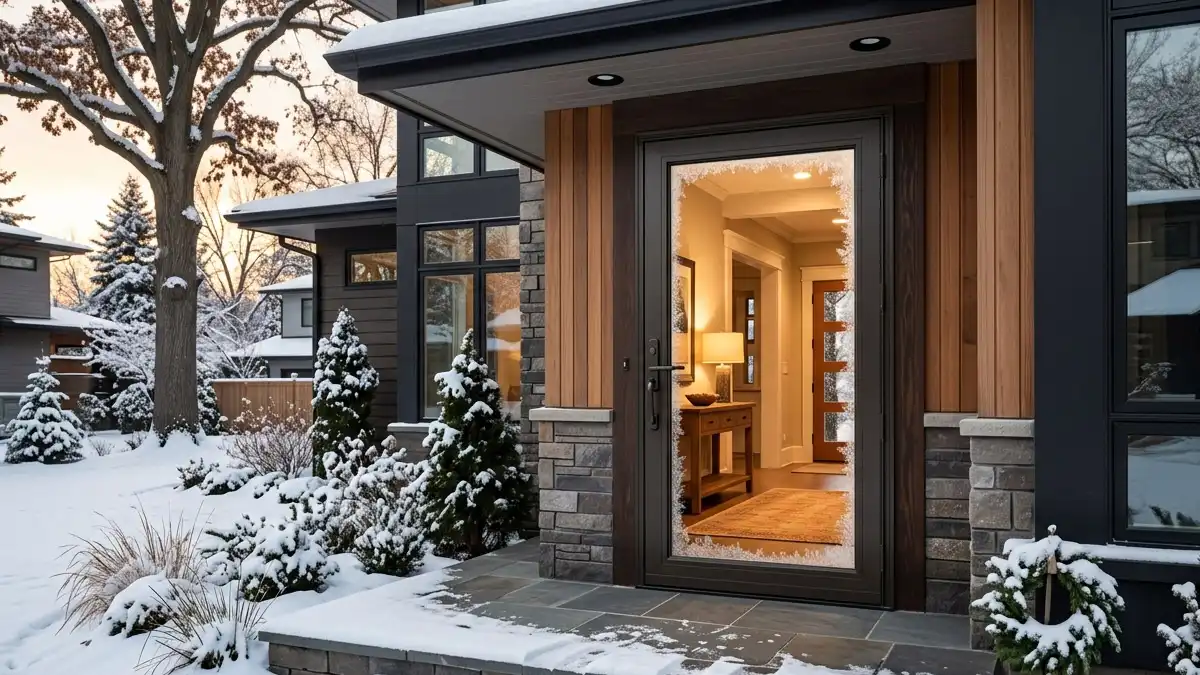 Dark bronze aluminum storm door with frost on glass edges and warm interior light glowing through on a snowy winter evening