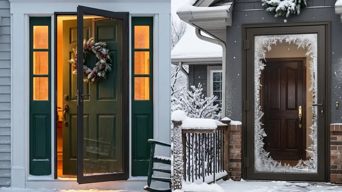 Premium aluminum storm door with thermal break and Low-E glass on snowy winter porch with frost on glass edges