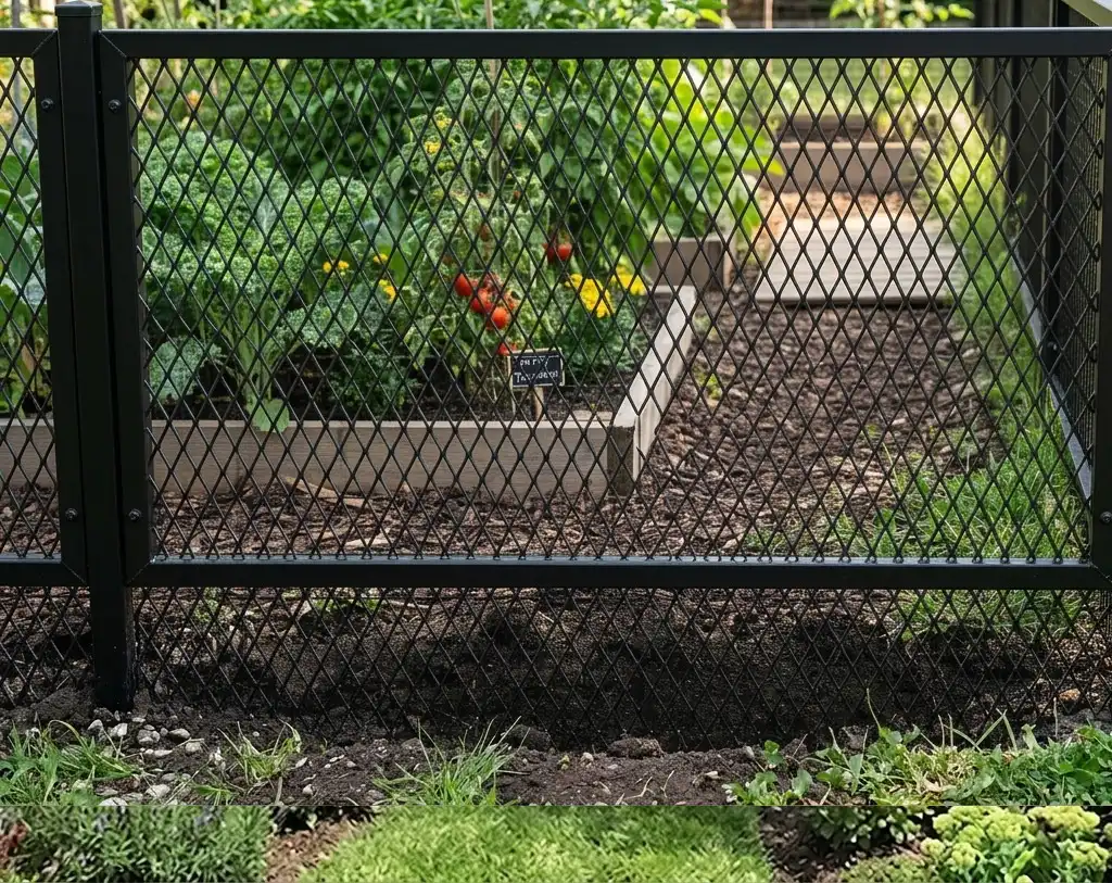 Powder-coated aluminium mesh fence protecting a vegetable garden from rabbits and small animals.