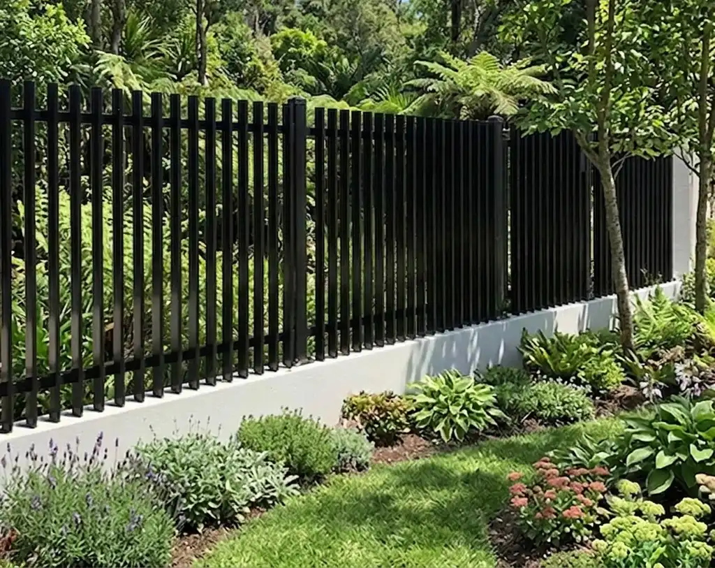 Black aluminium picket fence surrounding a landscaped garden and lawn.