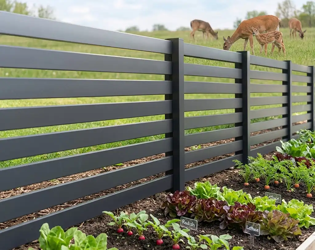 Modern powder-coated aluminium slat privacy fence installed around a residential backyard.