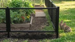 Best powder-coated aluminium fence designed for keeping rabbits out of garden with narrow gaps and underground apron to prevent digging.