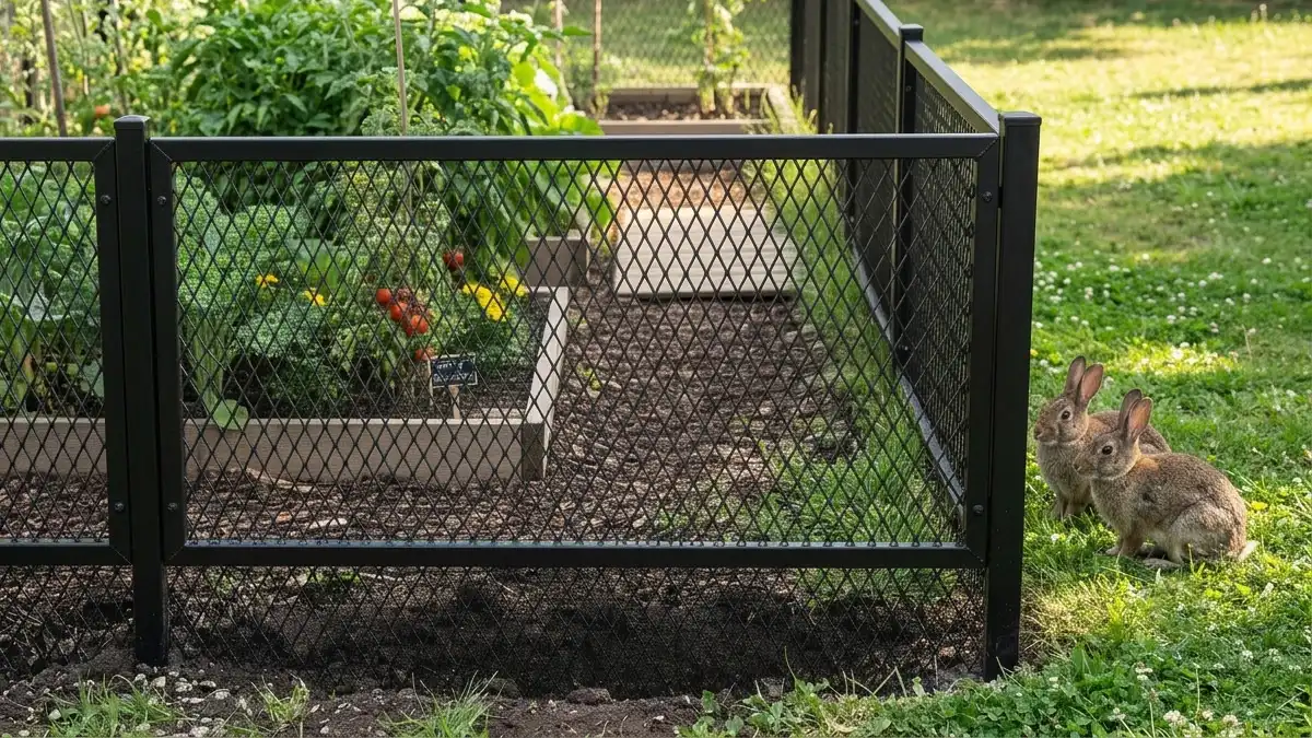 Best powder-coated aluminium fence designed for keeping rabbits out of garden with narrow gaps and underground apron to prevent digging.