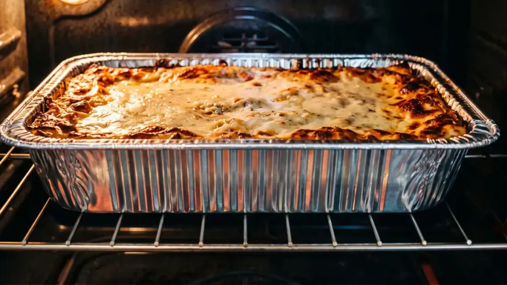 A cheesy lasagna baking in a disposable aluminum foil tray inside an oven, illustrating a common single-use food packaging choice.