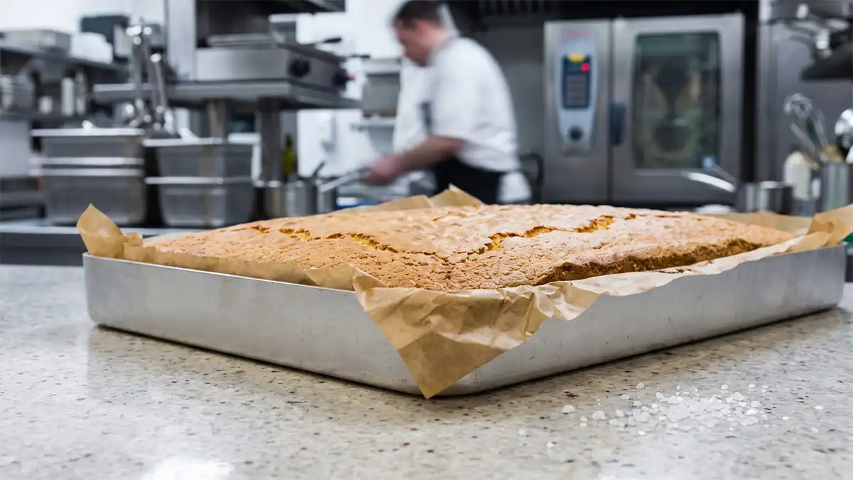 A freshly baked golden-brown sponge cake sitting in an aluminum baking tray lined with crumpled parchment paper, resting on a light granite countertop in a blurred commercial restaurant kitchen.