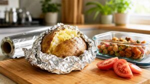 Aluminum foil, baked potato and leftovers showing food storage methods