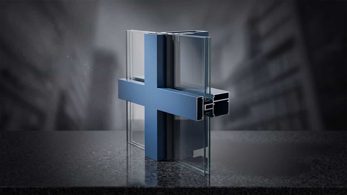 Premium aluminium curtain wall profile cross-section on dark studio background showing internal chambers, thermal break cavities, gasket grooves, and drainage channels with dramatic side lighting