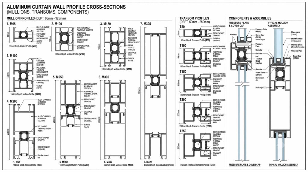 Curtain wall profile types diagram showing mullion profiles (65-325mm depth), transom profiles (50-250mm depth), pressure plates, cover caps, thermal break profiles with polyamide inserts, and multi-chamber box sections in cross-section view