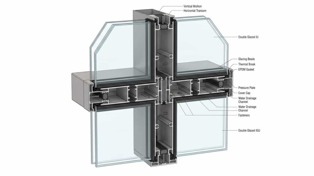 Curtain wall system components diagram showing mullions, transoms, anchors, glass panels, pressure plates, cover caps, gaskets, thermal breaks, setting blocks, side blocks, spandrel panels, and drainage system in a cross-sectional view