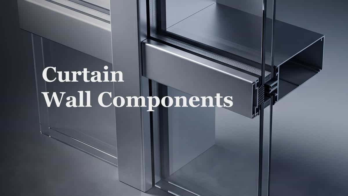 Curtain wall system components showing mullions, transoms, anchors, glass panels, pressure plates, cover caps, gaskets, thermal breaks, setting blocks, side blocks, spandrel panels, and drainage system in a cross-sectional view