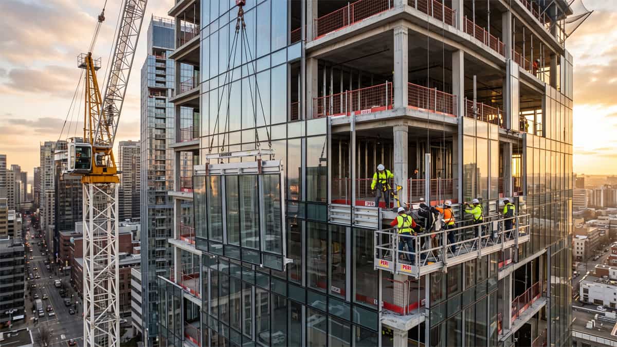 Curtain wall system installation on a high-rise building showing a crane lifting a unitized glass panel into position against the structural frame