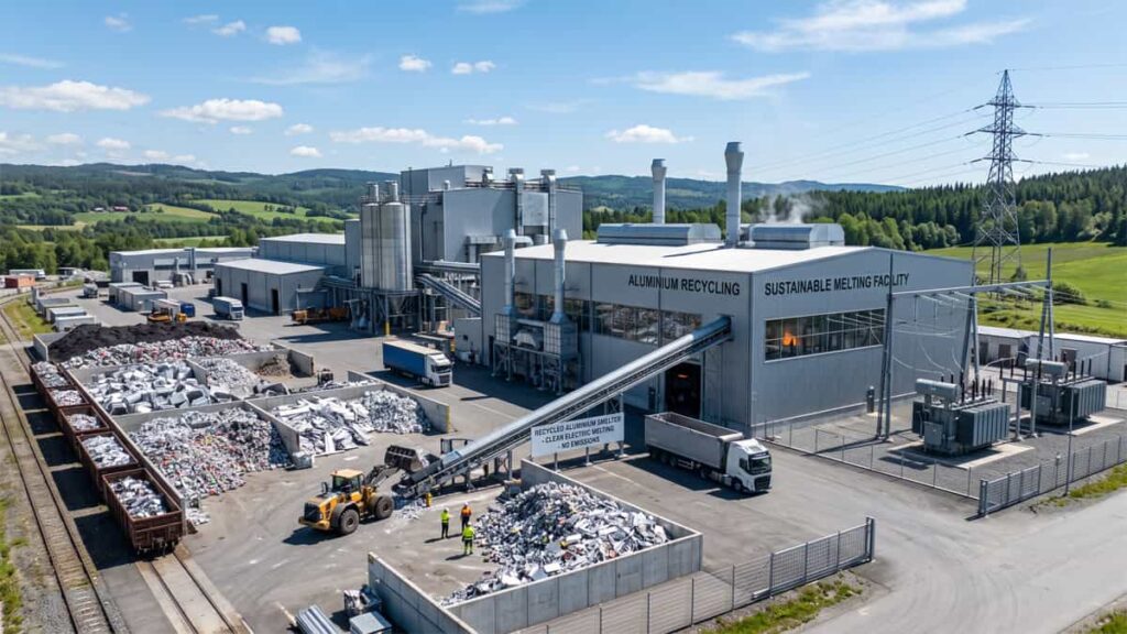 A modern, zero-emission electric aluminium recycling facility showing organized scrap piles and clean processing structures.