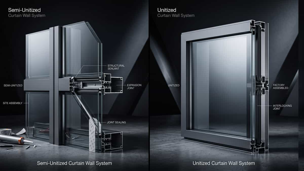 Comparison of semi-unitized and unitized curtain wall systems side by side on dark studio background showing differences in assembly, interconnections, and factory finishing