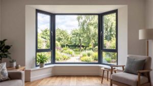 A modern residential bay window with a large fixed center aluminum window and two angled side sections, showing how multiple aluminum windows can form a bay window.