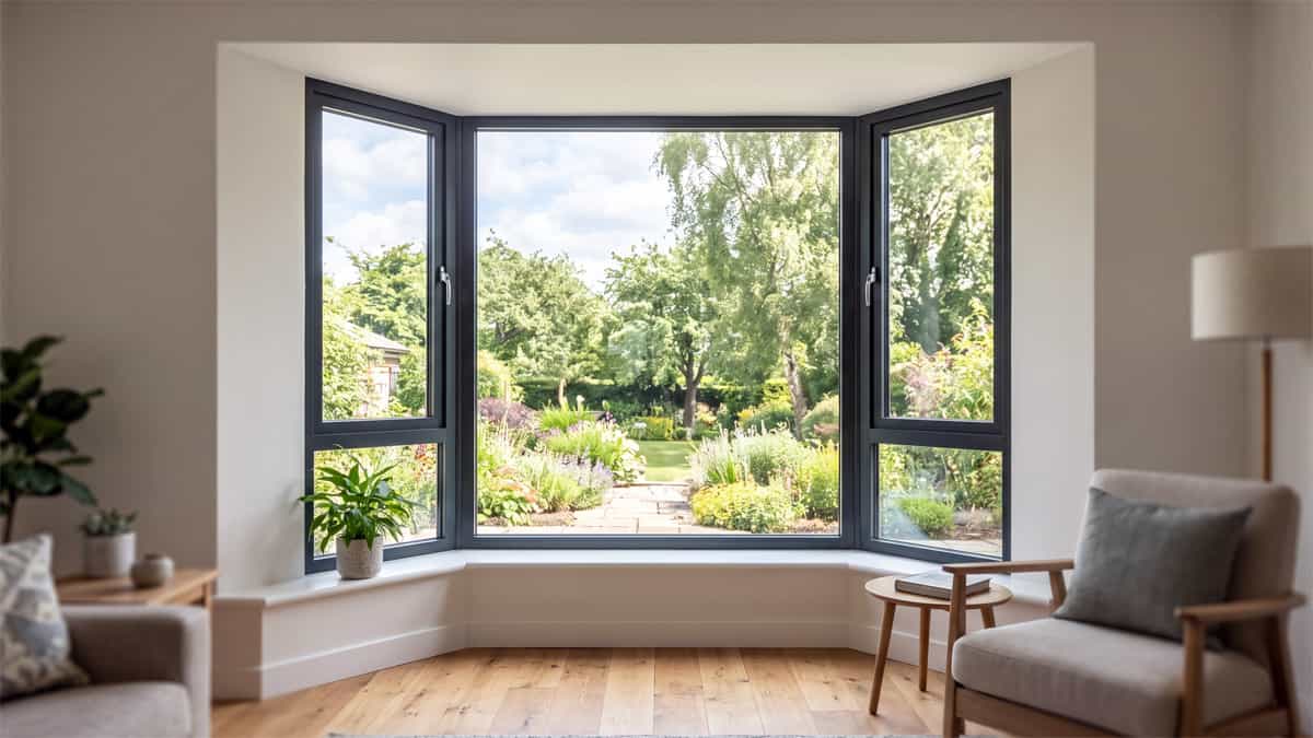 A modern residential bay window with a large fixed center aluminum window and two angled side sections, showing how multiple aluminum windows can form a bay window.