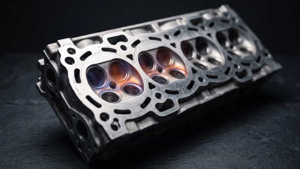 Precision-machined aluminium cylinder head showing combustion chambers, valve seats, coolant passages, and exhaust-valve thermal stress.