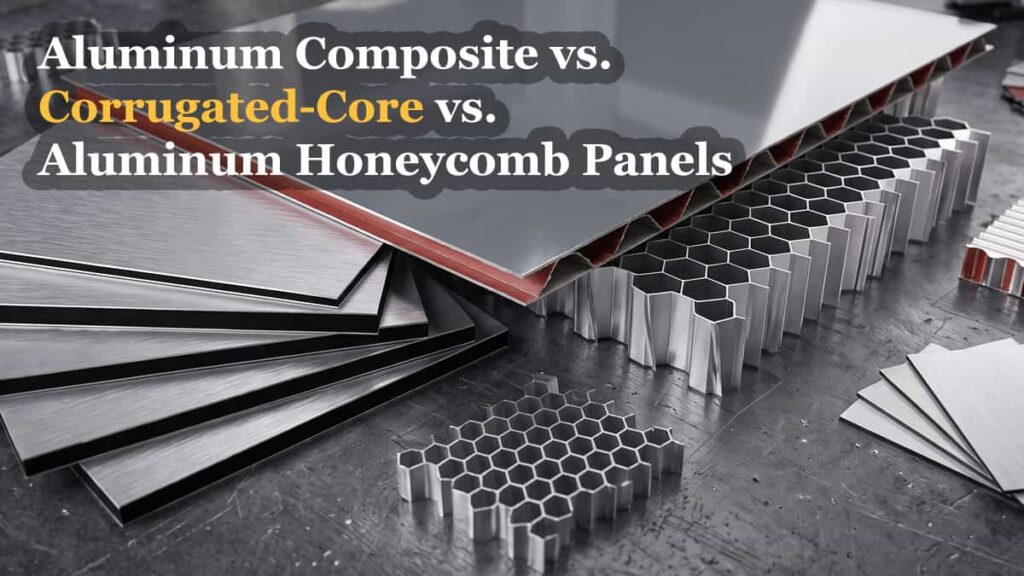 Aluminum composite, corrugated-core and honeycomb aluminum panels showing different internal core structures